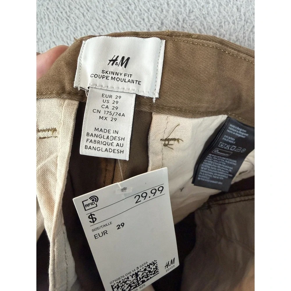 H&M Mens Skinny Fit Stretch Chino Pants Brown 29x29 0710876 3 New